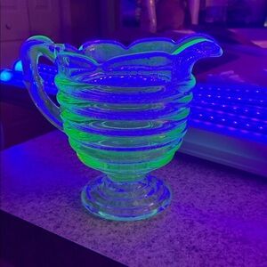 Vintage Uranium Glass Creamer Beehive Pattern MCM Kitchen